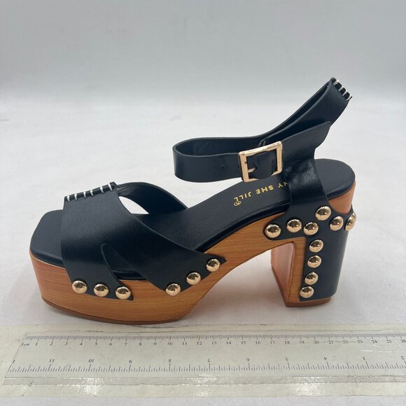 FSJ Black Open Toe Buckle Straps Studded Platform Wooden Chunky Heel Sandals - Picture 1 of 7